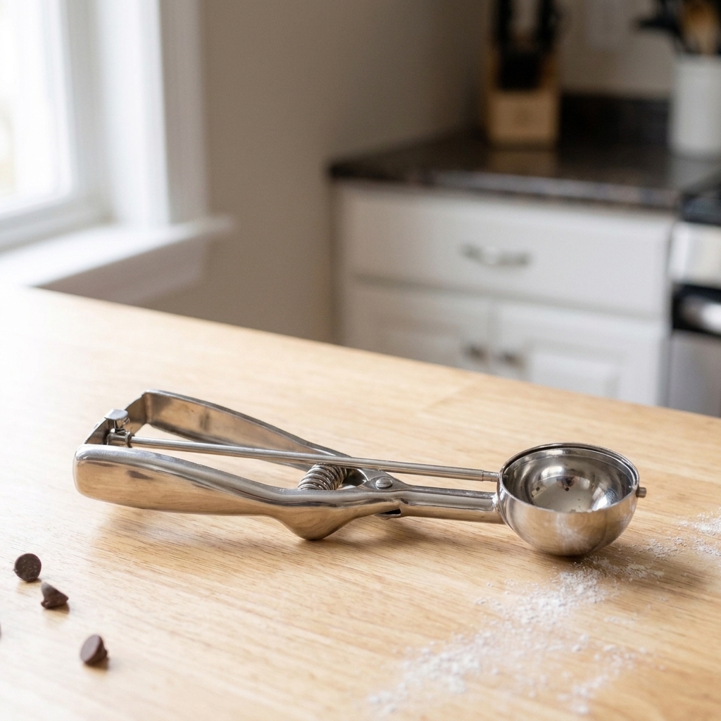 A stainless steel cookie scoop showing the spring and sweeper mechanism resting on a kitchen counter