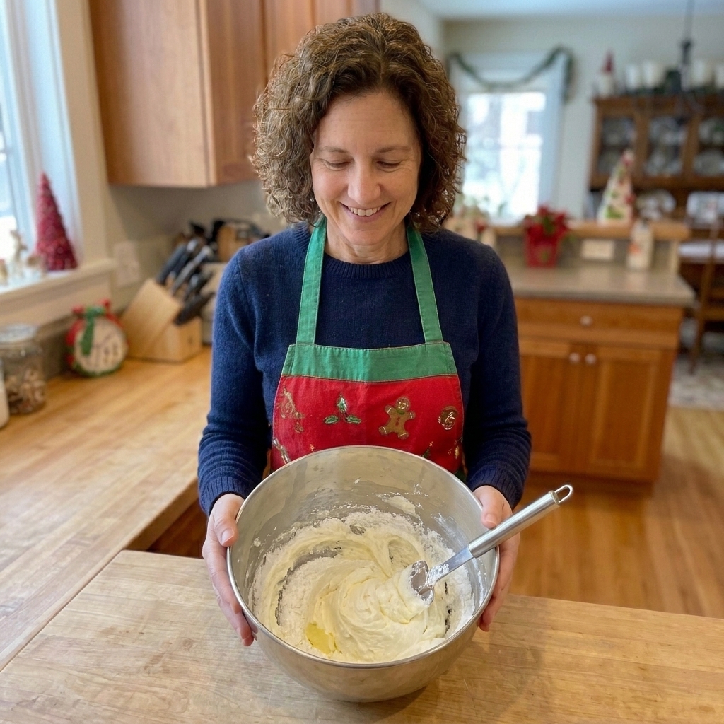 A stainless steel mixing bowl with butter and powdered sugar creamed into a smooth, pale mixture