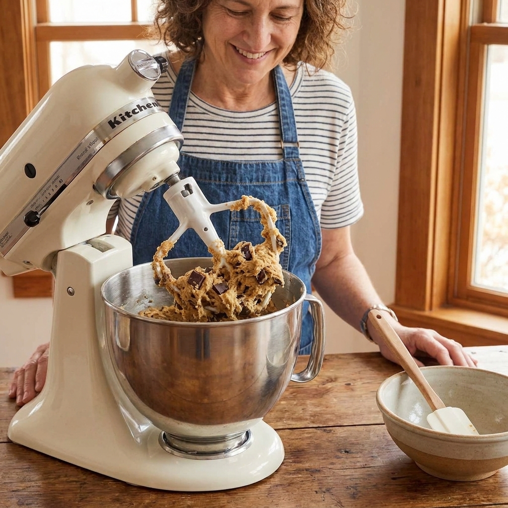 A stand mixer bowl with chocolate chip cookie dough being mixed on low speed, with the dough thick and studded with chocolate chips