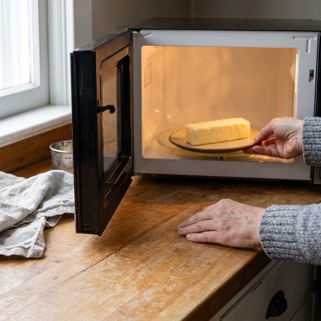 A stick of butter unwrapped on a microwave-safe plate inside a microwave