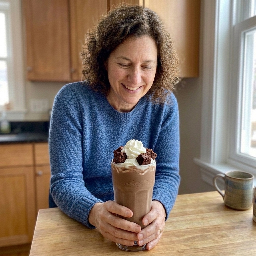 A tall glass of chocolate brownie milkshake topped with whipped cream and a few brownie crumbles
