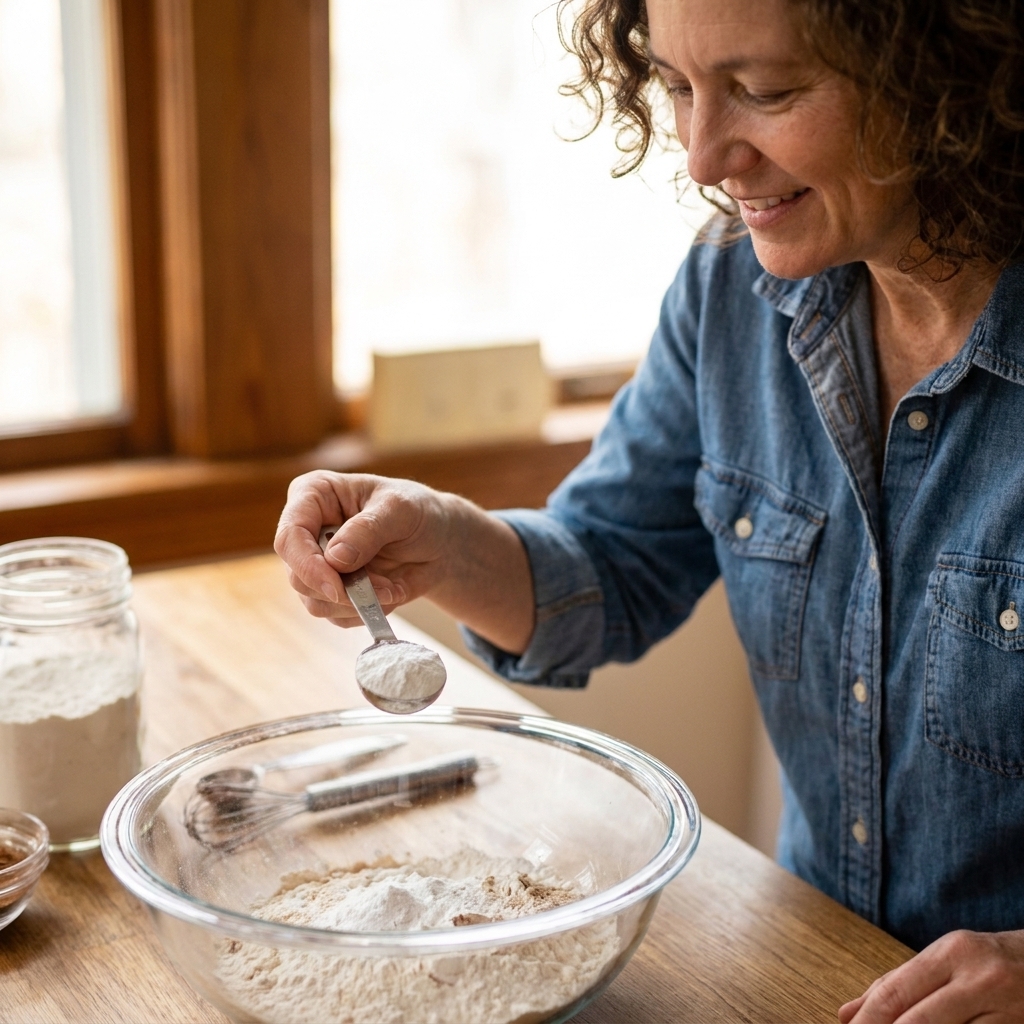 A teaspoon measuring spoon filled with baking powder held over a mixing bowl on a kitchen counter