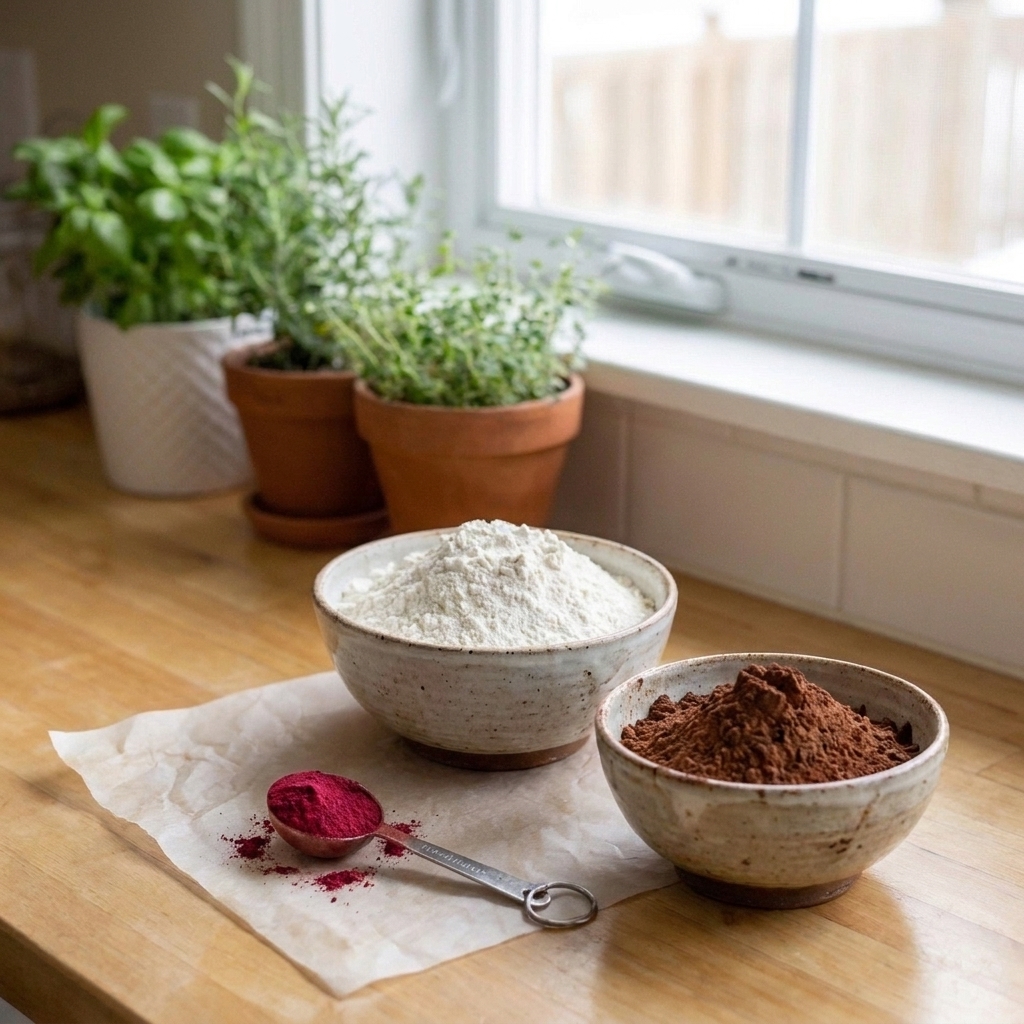 A teaspoon of beet powder on parchment paper beside a bowl of flour and a bowl of cocoa powder on a kitchen counter