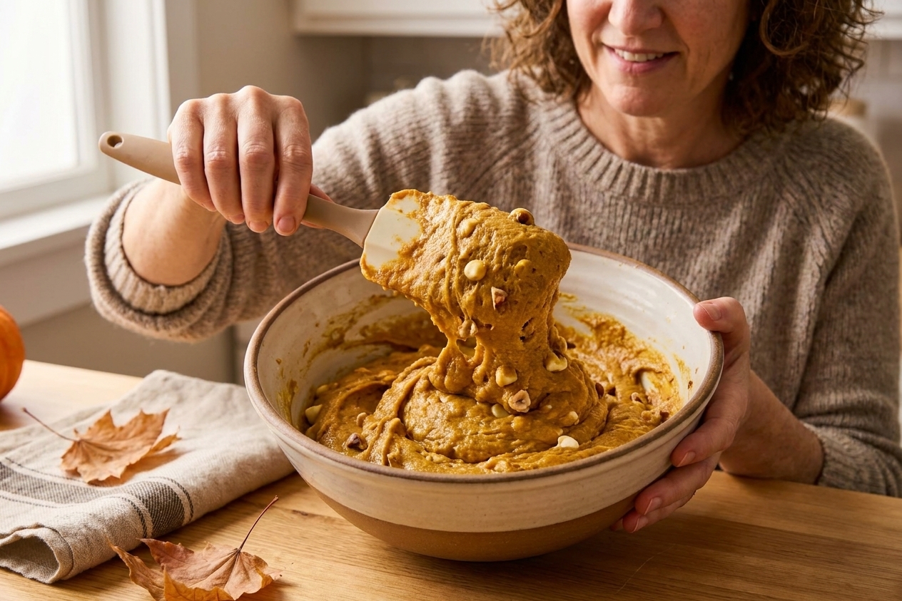 A thick pumpkin blondie batter in a mixing bowl with a rubber spatula, showing a dense scoopable texture