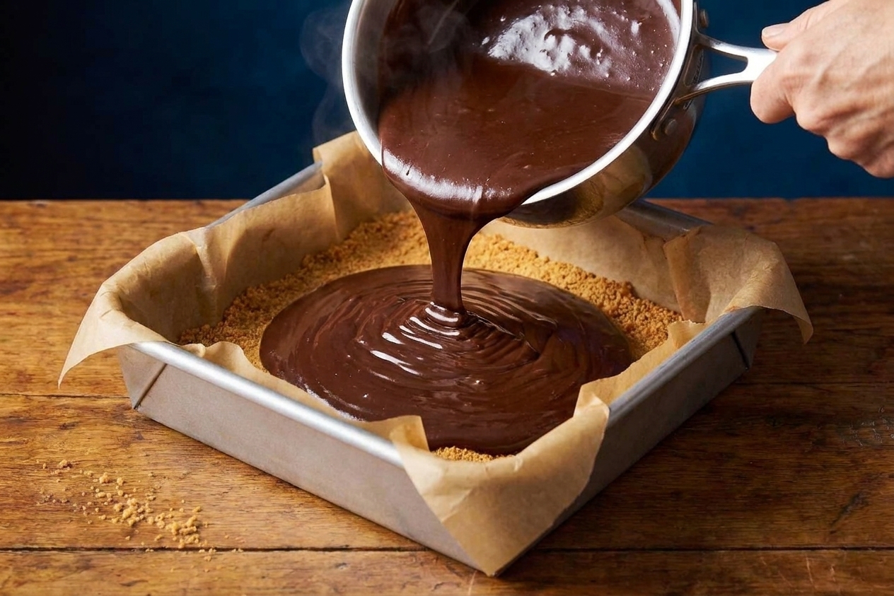 A thick stream of glossy chocolate ganache being poured over a baked graham cracker crust in a square pan