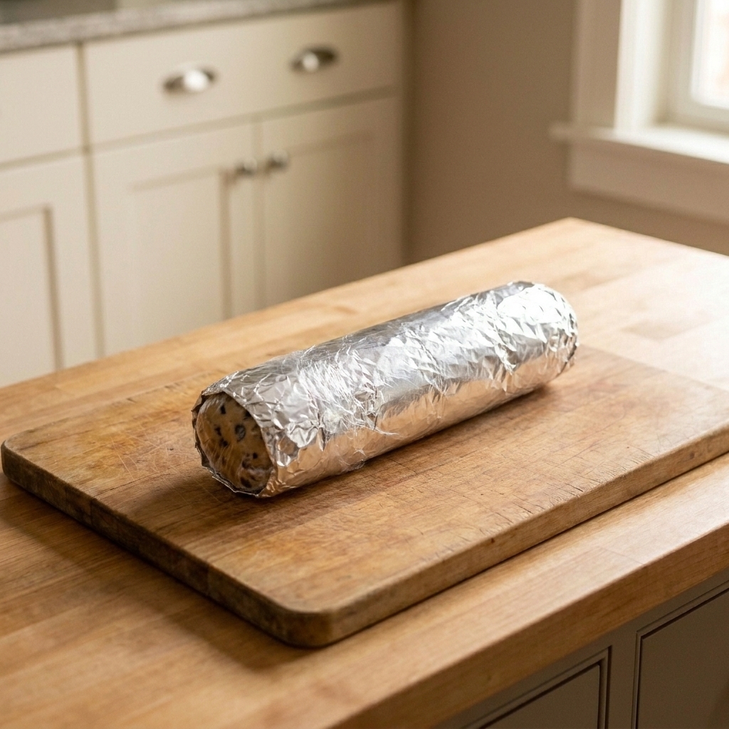 A tightly wrapped log of cookie dough sealed in plastic wrap and foil resting on a cutting board