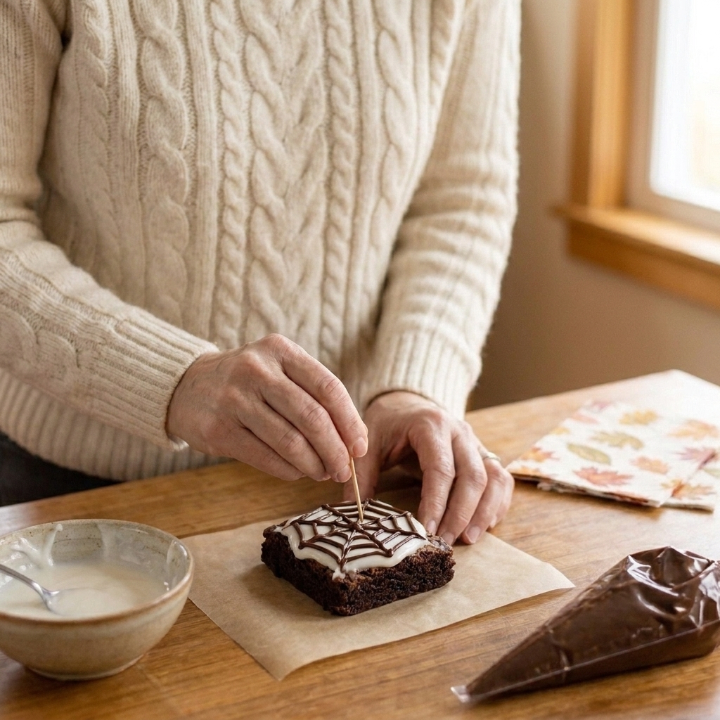 A toothpick being dragged through chocolate rings on a white-iced brownie to create a spider web