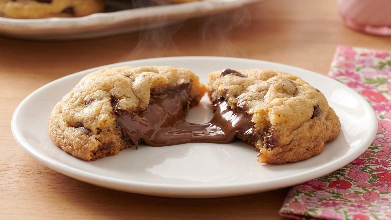 A warm Nutella-stuffed cookie broken in half on a plate showing a thick gooey center and clean baked edges