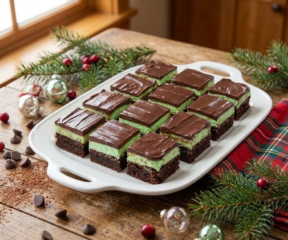 A white serving platter holding neatly cut layered mint chocolate brownies; the pale green frosting layer and glossy ganache top stand out on a holiday-style table setting