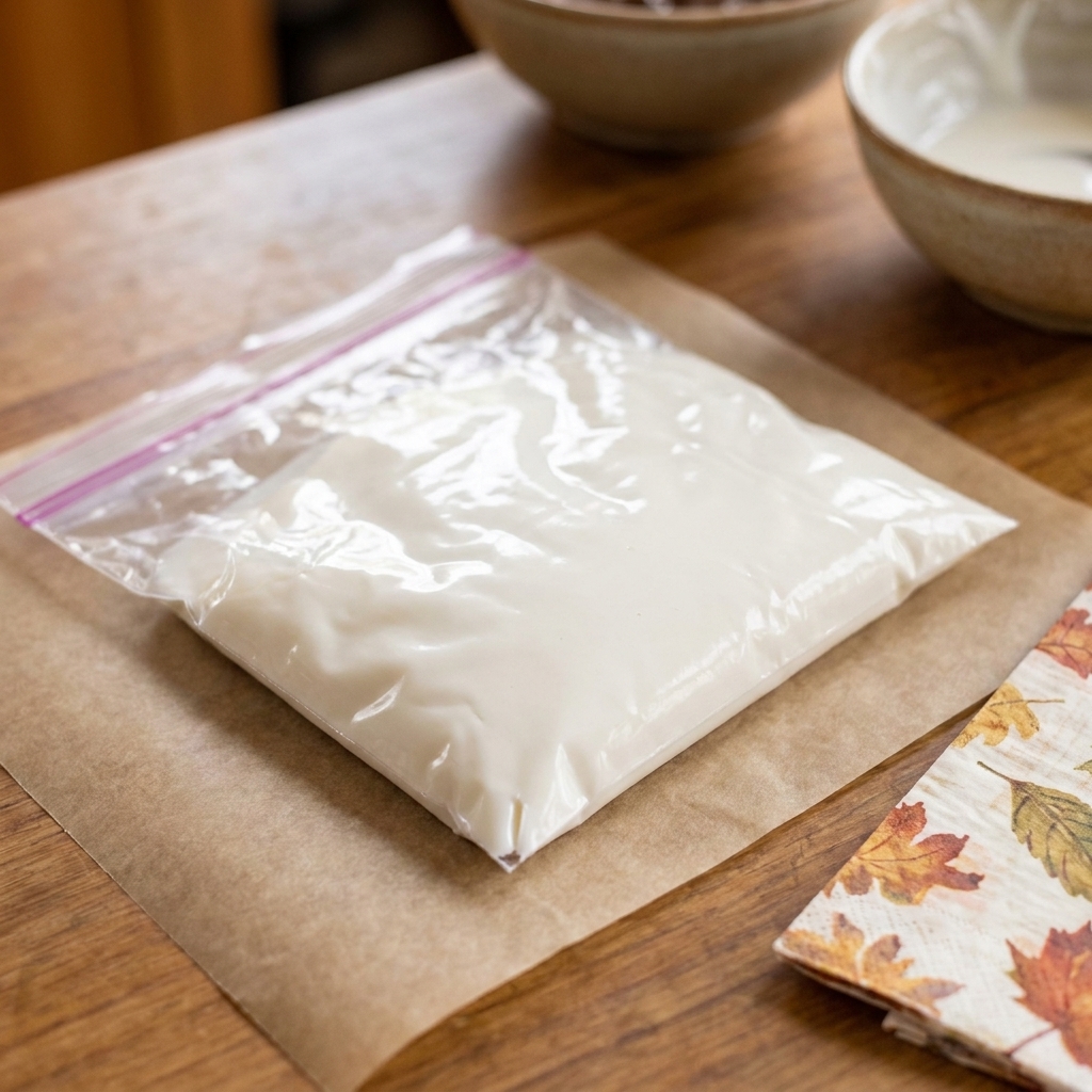 A zip-top bag filled with white icing with a tiny snipped corner ready for piping on parchment paper