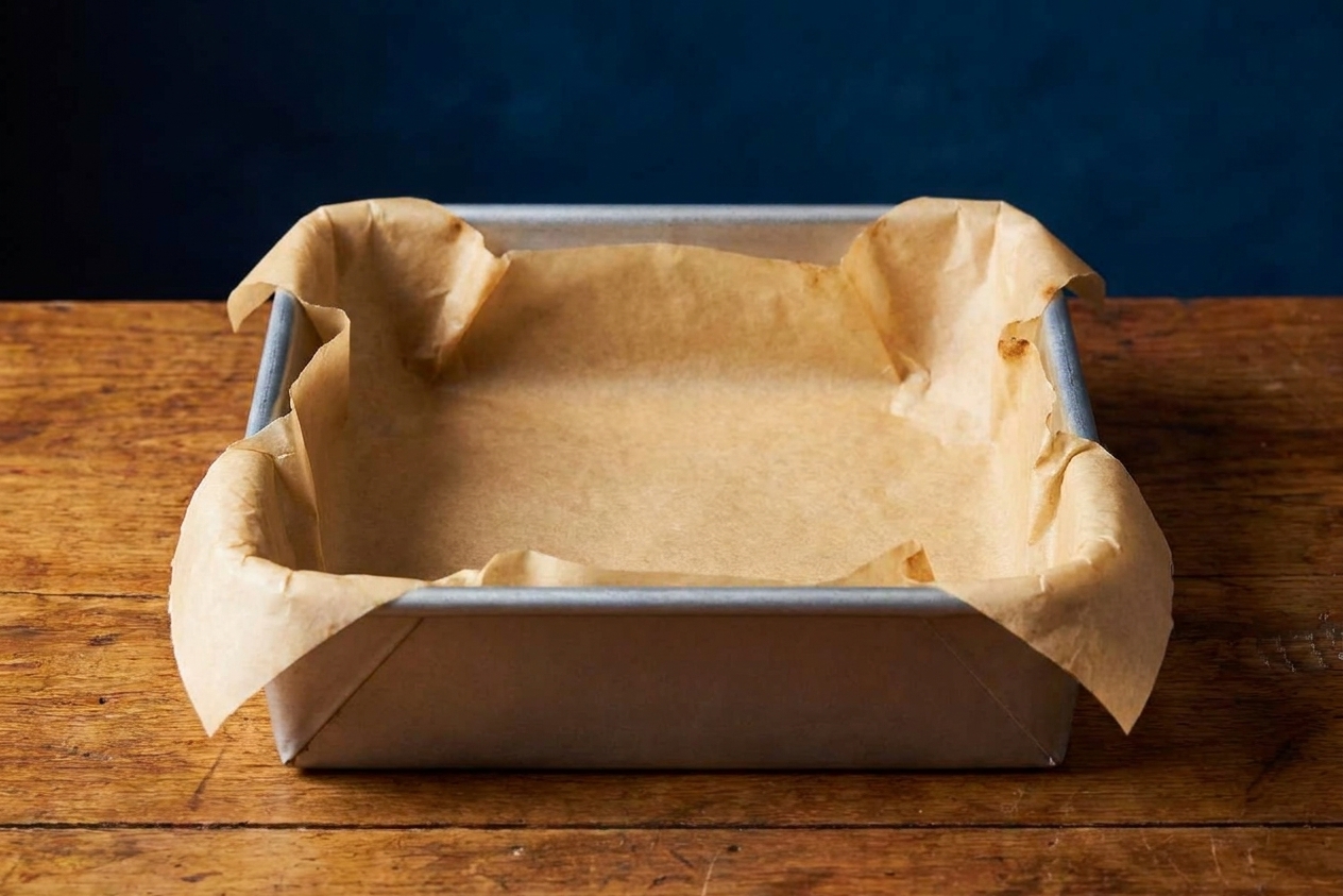 An 8x8 square baking pan lined with parchment paper with overhang handles on two sides