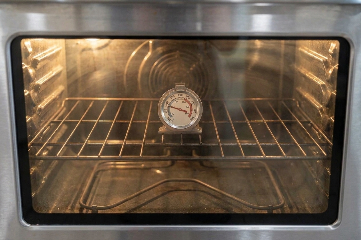An analog oven thermometer sitting on the middle rack inside a preheated oven