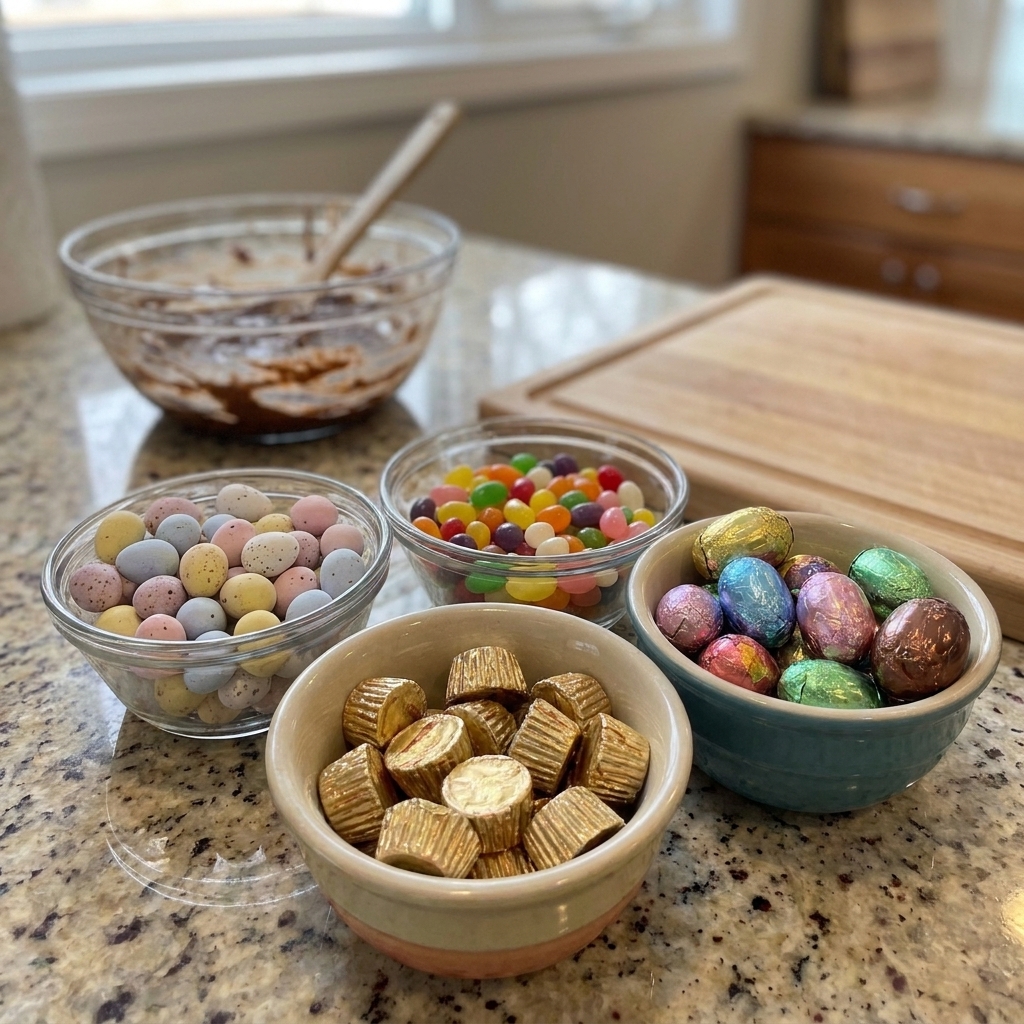 An assortment of Easter candies including mini eggs, jelly beans, peanut butter cups, and chocolate eggs arranged in small bowls on a counter