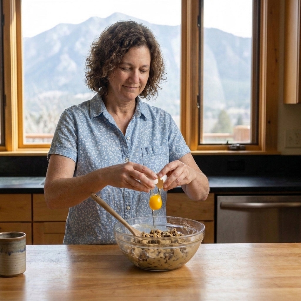 An egg yolk being added to a mixing bowl of cookie dough on a kitchen counter