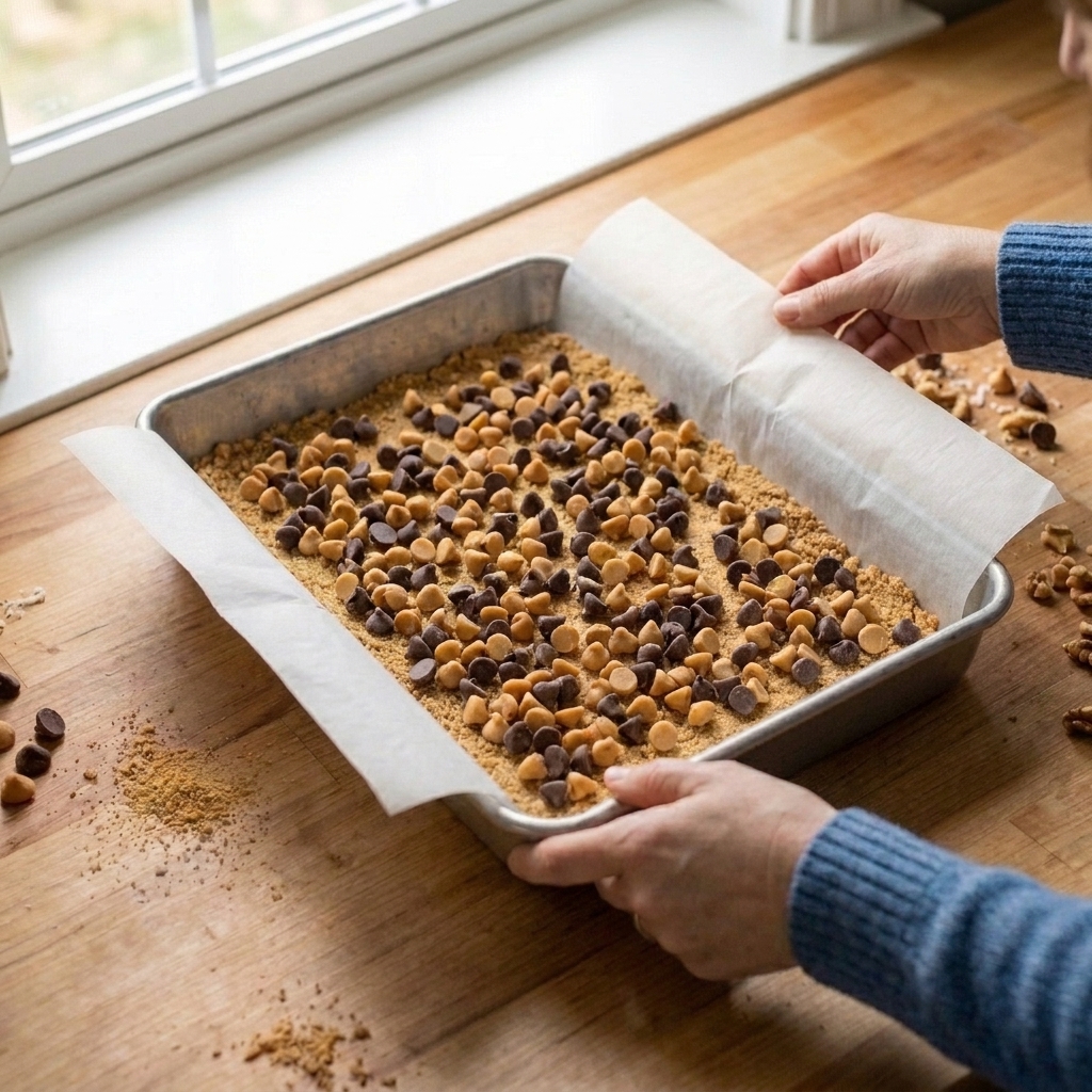 An even layer of chocolate chips and butterscotch chips scattered over a warm graham cracker crust in a baking pan