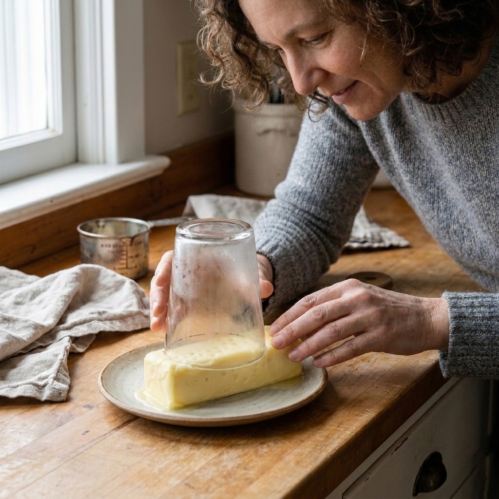 An inverted warm drinking glass covering a stick of butter on a plate on a kitchen counter