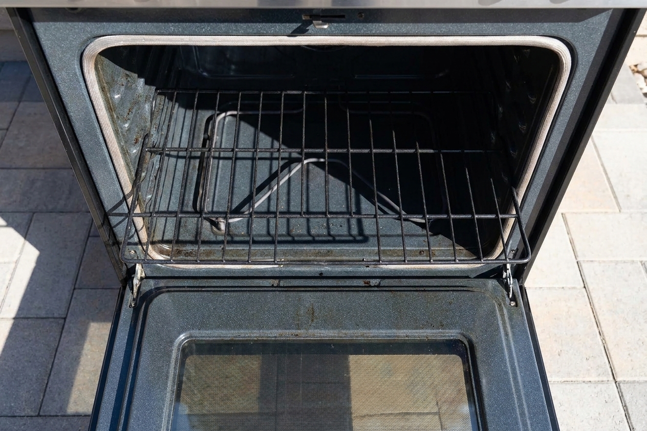 An open home oven showing a single rack positioned in the middle with no pans inside, ready for preheating