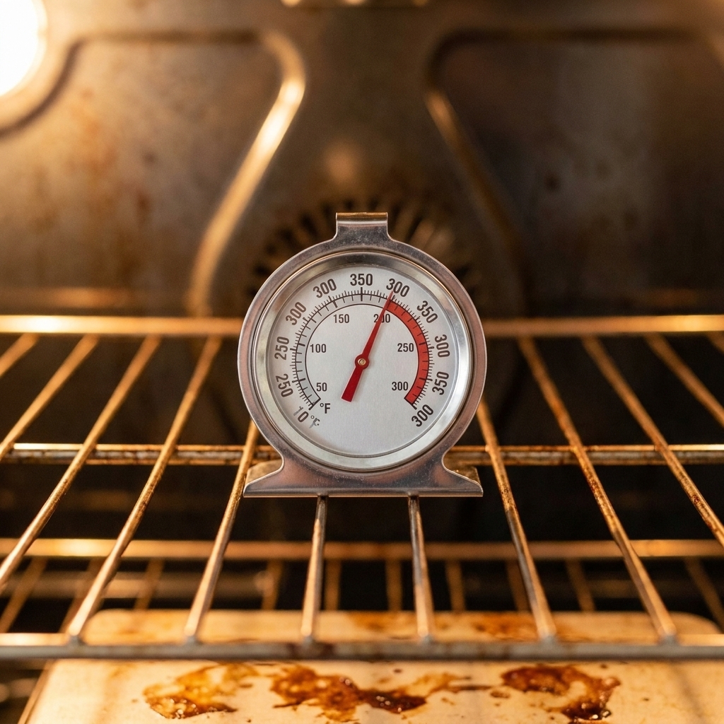 An oven thermometer sitting on the center rack inside an oven, showing a temperature near 350 degrees