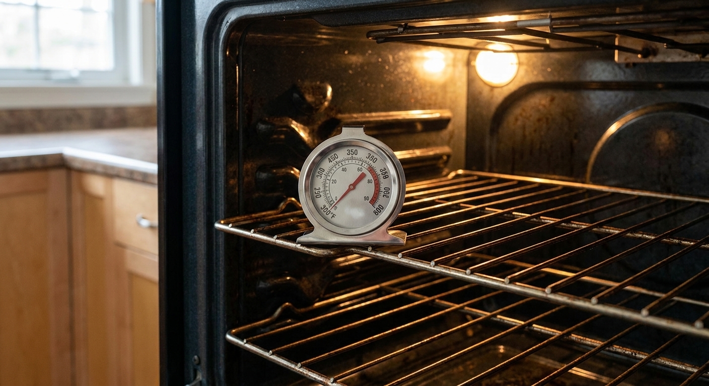 An oven thermometer sitting on the middle rack inside a preheated oven