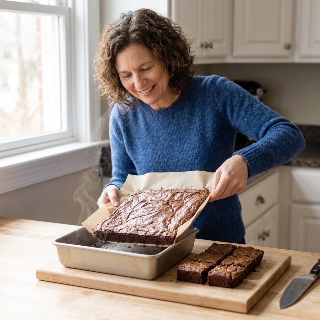 Baked brownies lifted out of a pan by parchment and sliced into squares on a cutting board