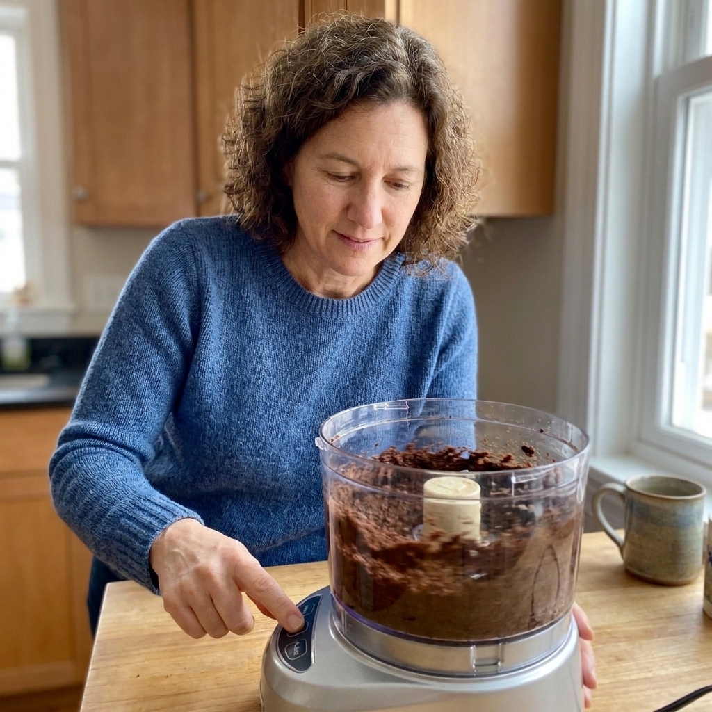 Brownie edges being pulsed into fine crumbs in a food processor bowl on a home kitchen counter