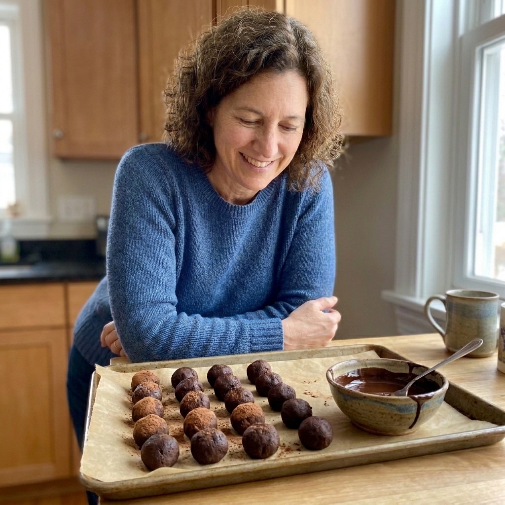 Brownie truffles resting on parchment paper with a small bowl of melted chocolate nearby