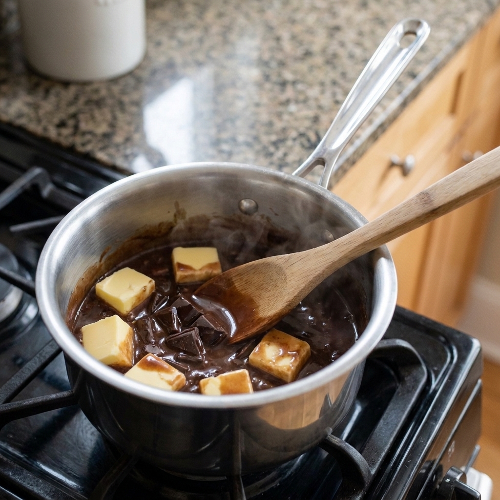 Butter and chopped chocolate melting together in a small saucepan into a glossy mixture