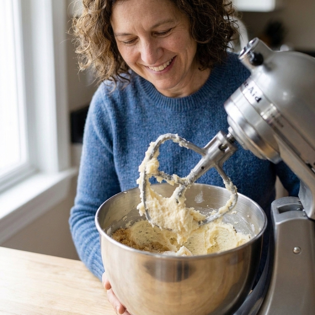 Butter and sugar being creamed in the bowl of a stand mixer with a paddle attachment, mixture light and fluffy