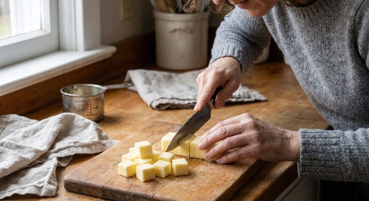 Butter being cut into cubes on a cutting board, ready to soften quickly before baking