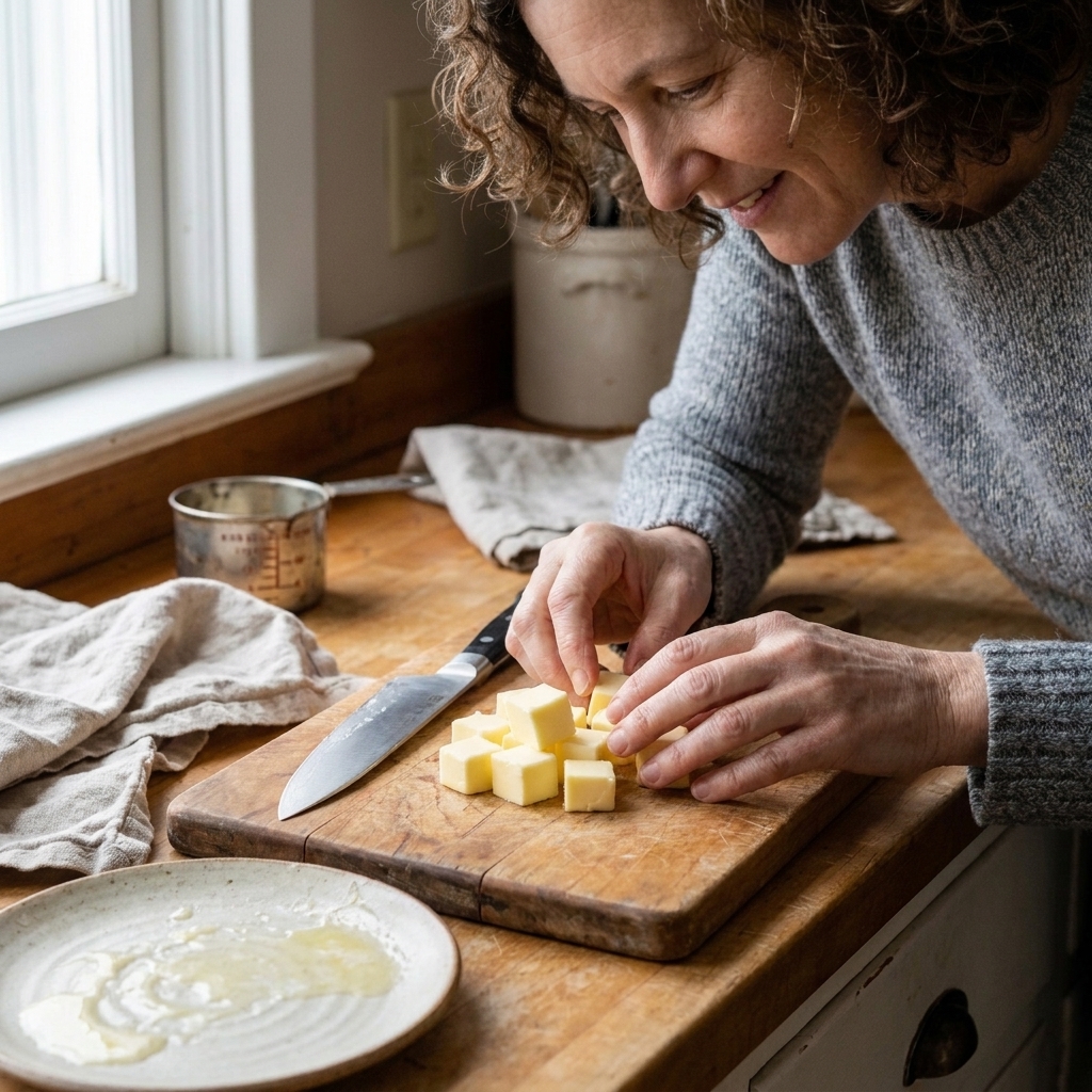Butter cut into small cubes on a wooden cutting board next to a chef's knife