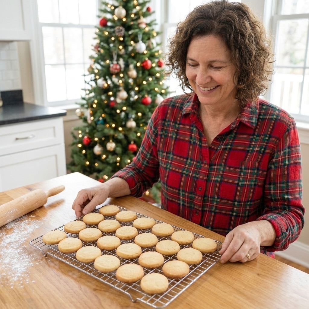 Buttery shortbread cookies cooling in neat rows on a wire rack on a home kitchen counter