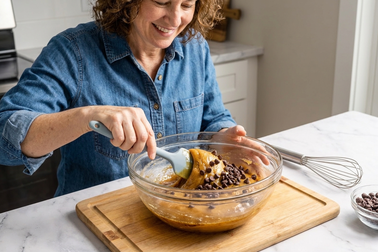 Chocolate chips being folded into glossy cookie dough in a large mixing bowl