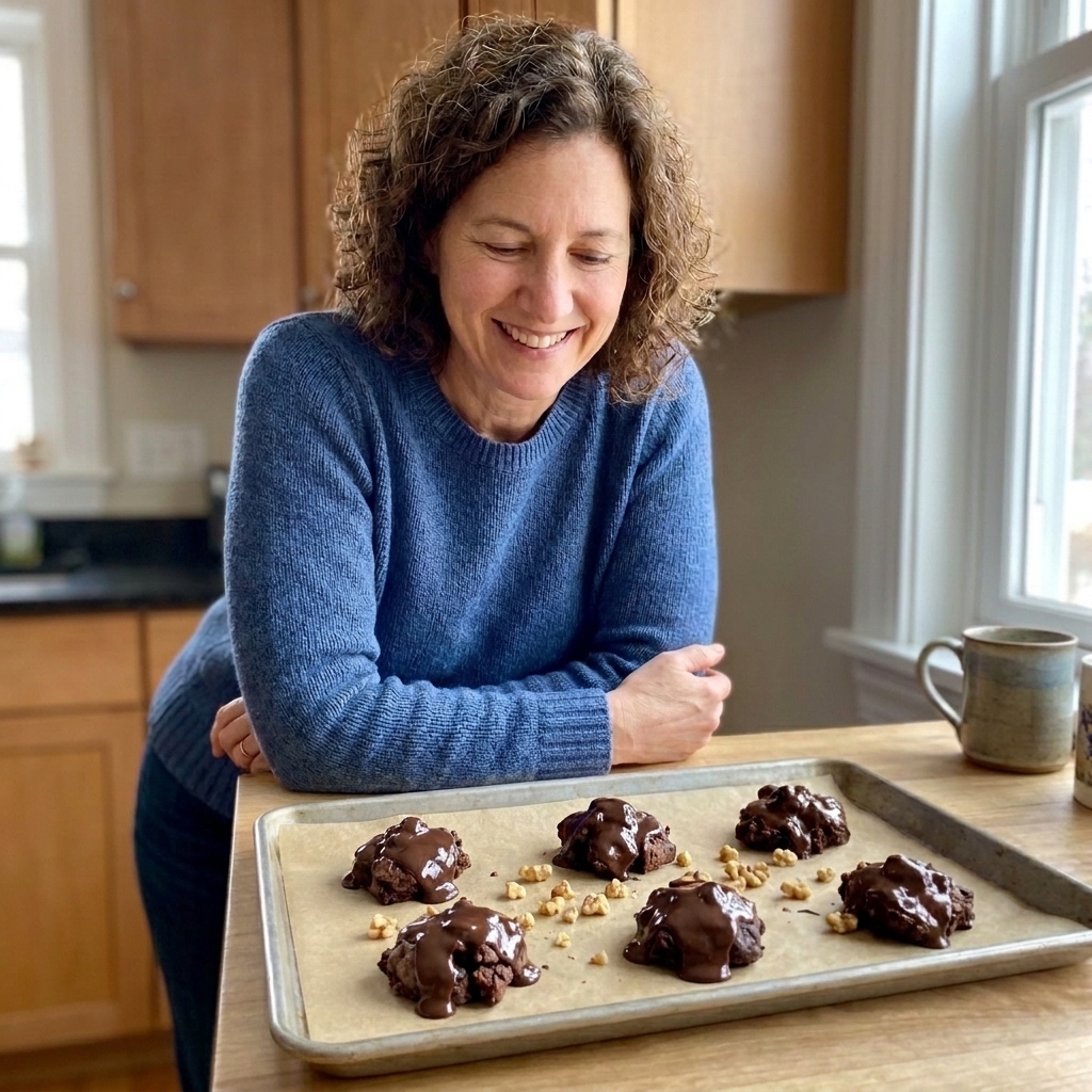 Chocolate-coated brownie clusters setting on parchment paper with a few chopped nuts scattered nearby