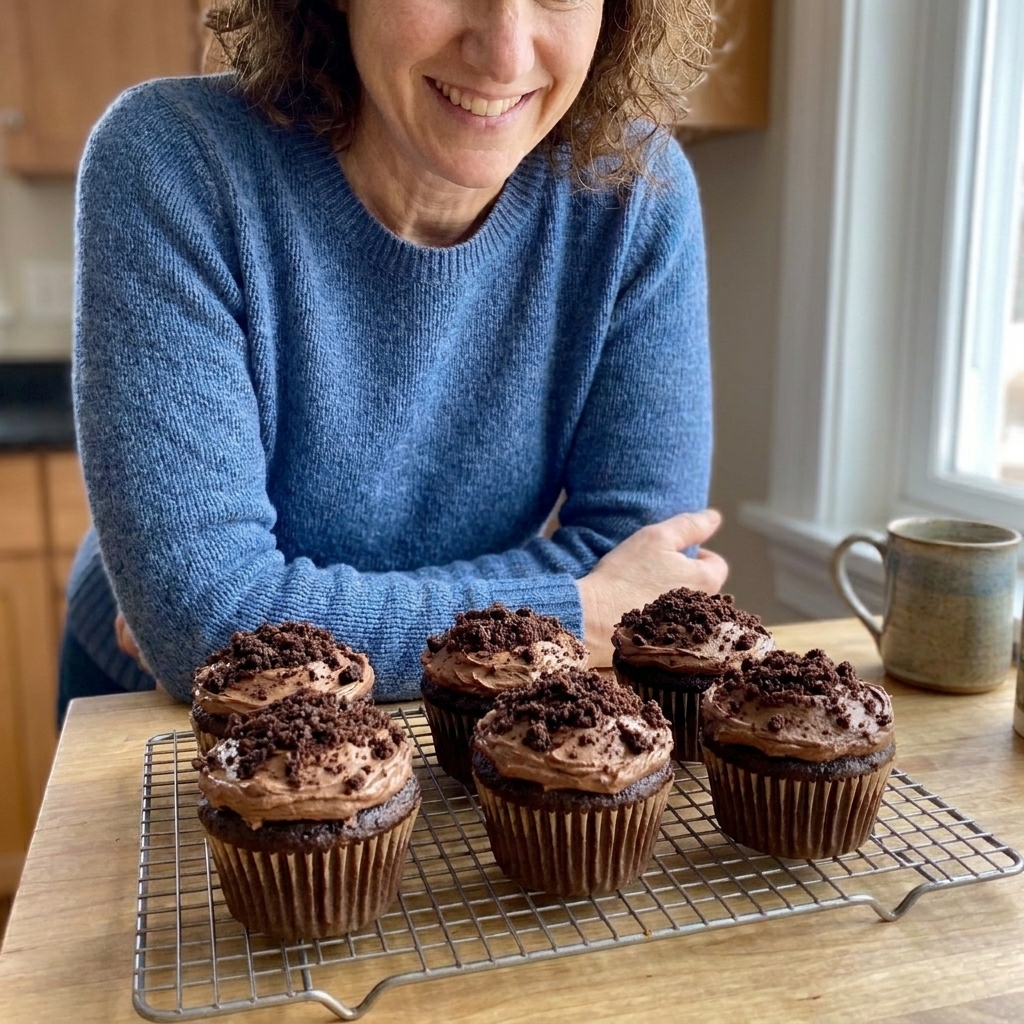 Chocolate cupcakes with frosting topped with brownie crumb soil on a cooling rack