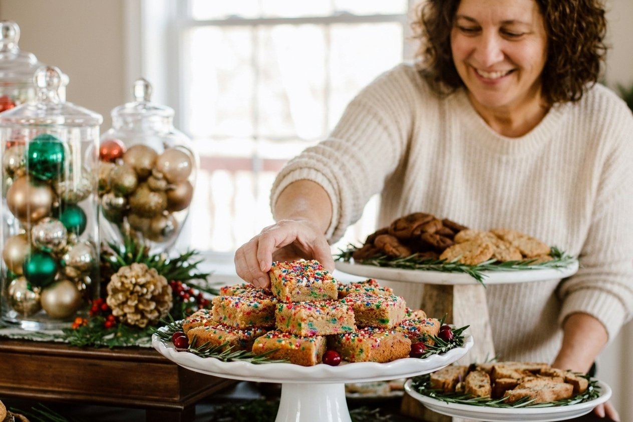 Colorful confetti sprinkle cookie bars sliced into small squares on a holiday table