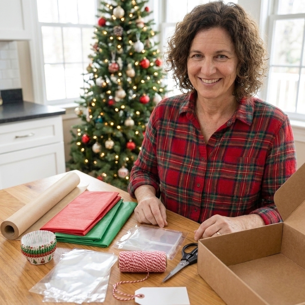 Cookie box packing supplies on a kitchen counter including parchment paper, bakery tissue, cupcake liners, cellophane bags, and a sturdy gift box