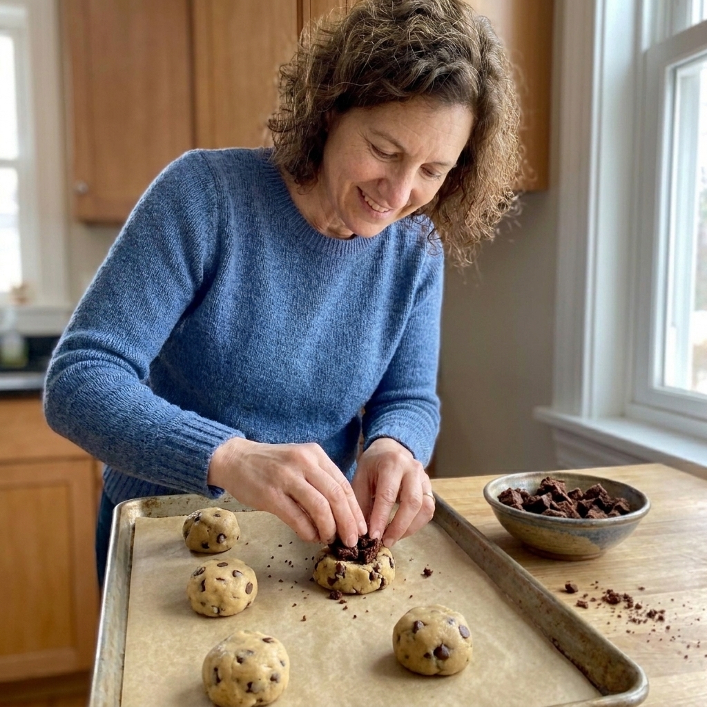 Cookie dough balls on a baking sheet with chopped brownie pieces being pressed into the center of one