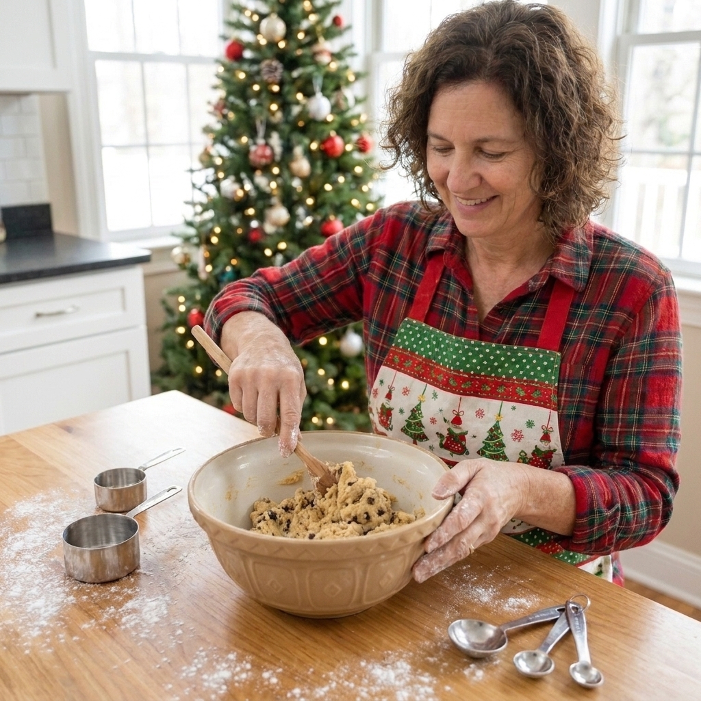 Cookie dough being mixed in a large bowl on a flour-dusted kitchen counter with measuring cups nearby
