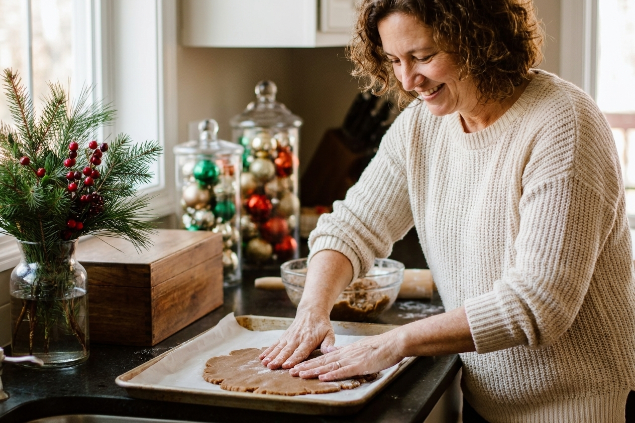 Cookie dough being pressed evenly into a parchment-lined rimmed sheet pan on a kitchen counter