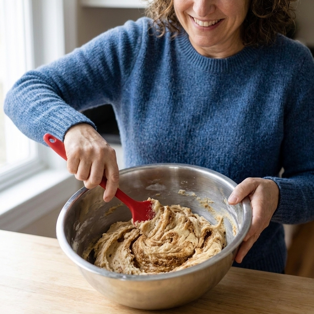 Cookie dough in a stainless steel mixing bowl with visible brown sugar streaks as it is being mixed with a silicone spatula