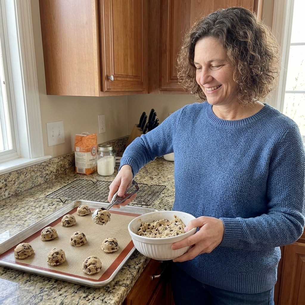 Cookie dough portions being scooped onto a lined baking sheet with a cookie scoop on a kitchen counter