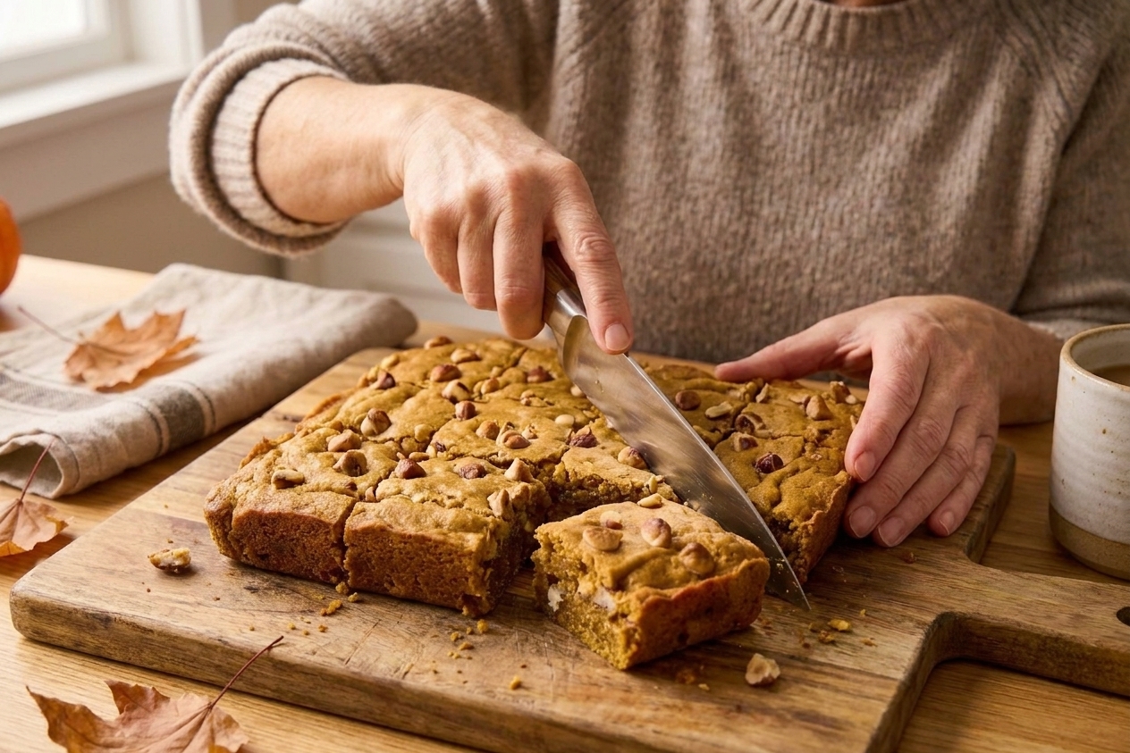 Cooled pumpkin spice blondies being cut into neat squares on a wooden cutting board
