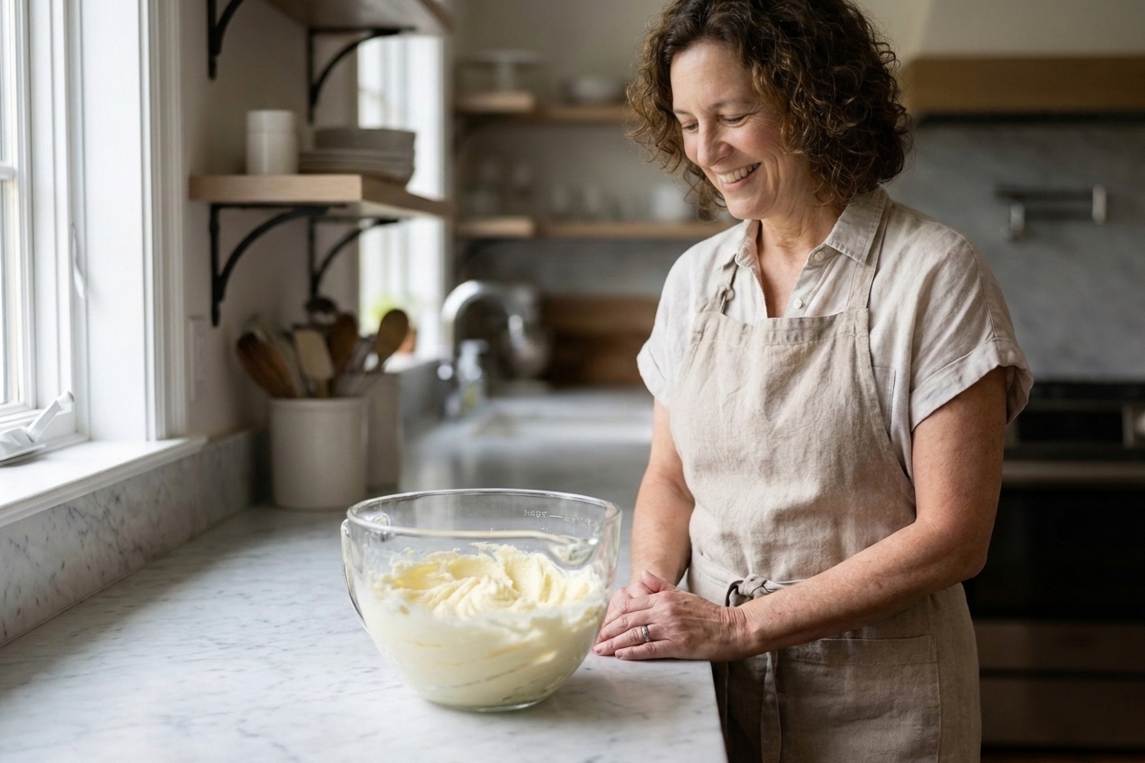 Creamed butter and sugar in a mixing bowl with a light color and soft ridges