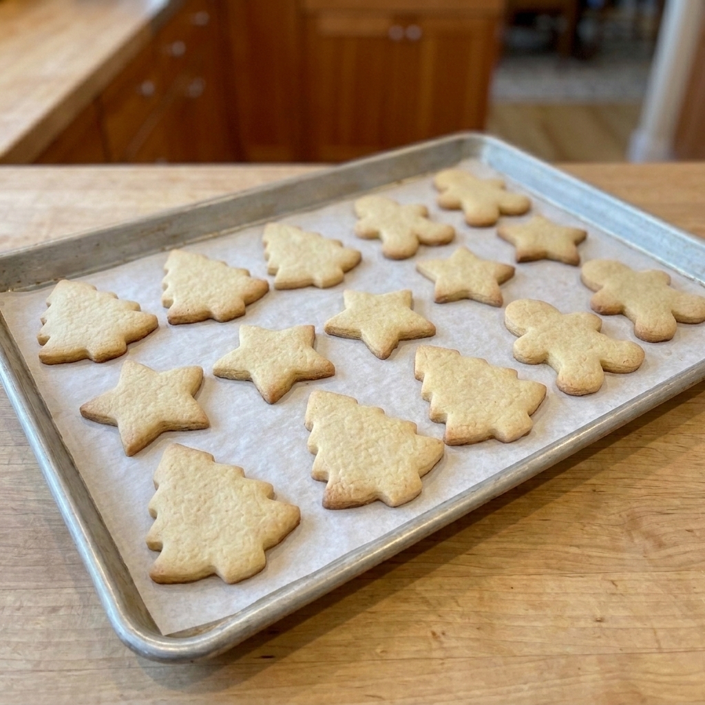 Cut-out sugar cookies baked on a parchment-lined baking sheet with lightly set edges and smooth tops