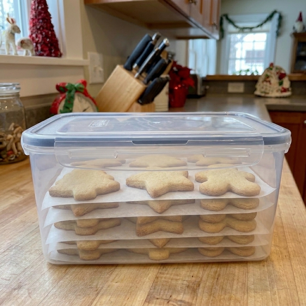 Cut-out sugar cookies stacked in an airtight container with parchment between layers on a kitchen counter