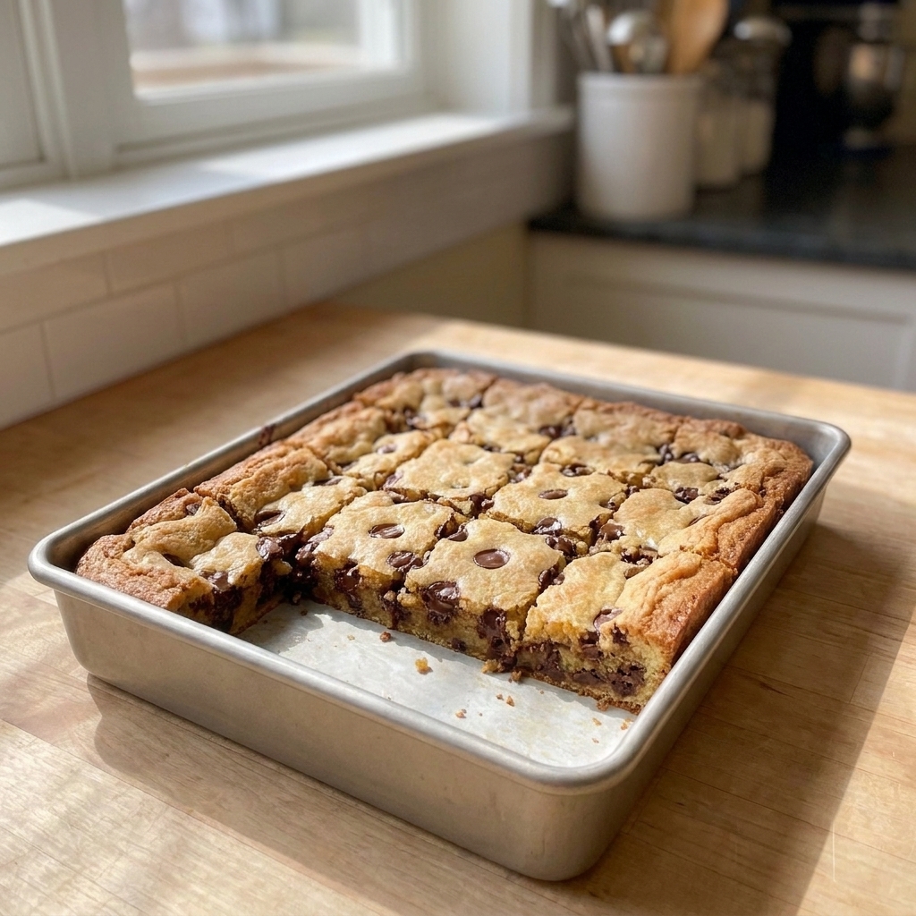 Dessert bars sliced into neat squares in a baking pan, with visible chocolate pockets and slightly crisp edges
