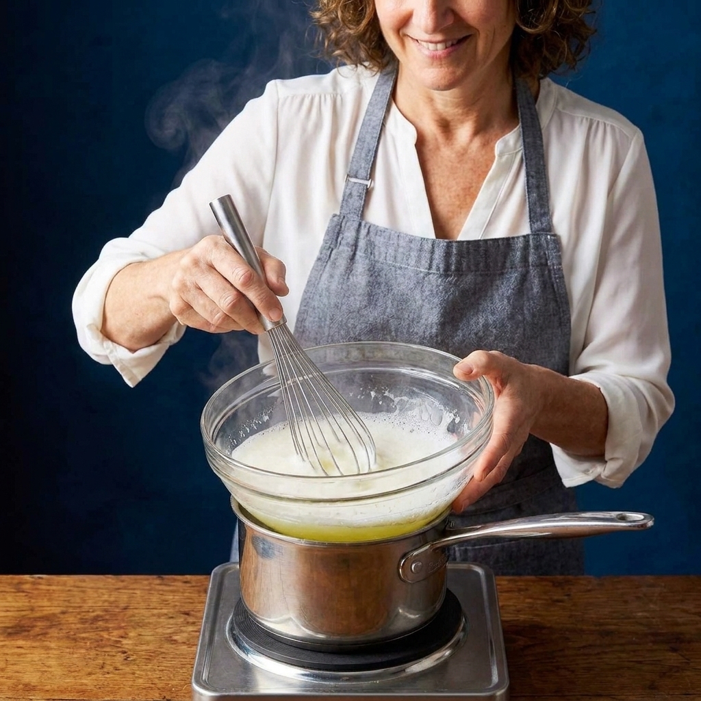 Egg whites and sugar being whisked in a heatproof bowl set over a saucepan of simmering water