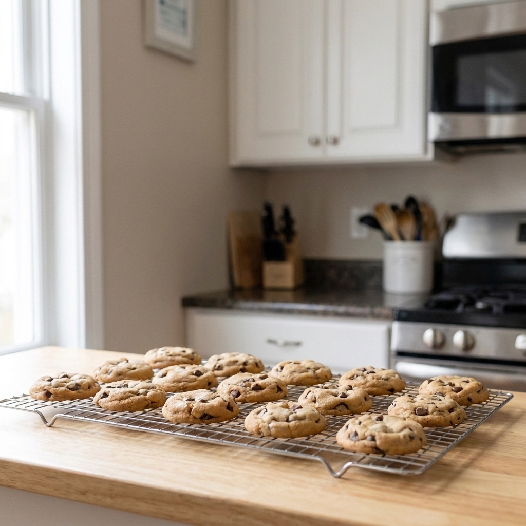 Evenly sized, freshly baked chocolate chip cookies cooling on a wire rack on a bright kitchen counter