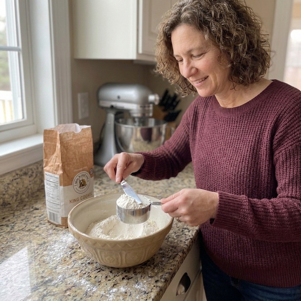 Flour being spooned into a measuring cup and leveled with the back of a knife on a kitchen counter