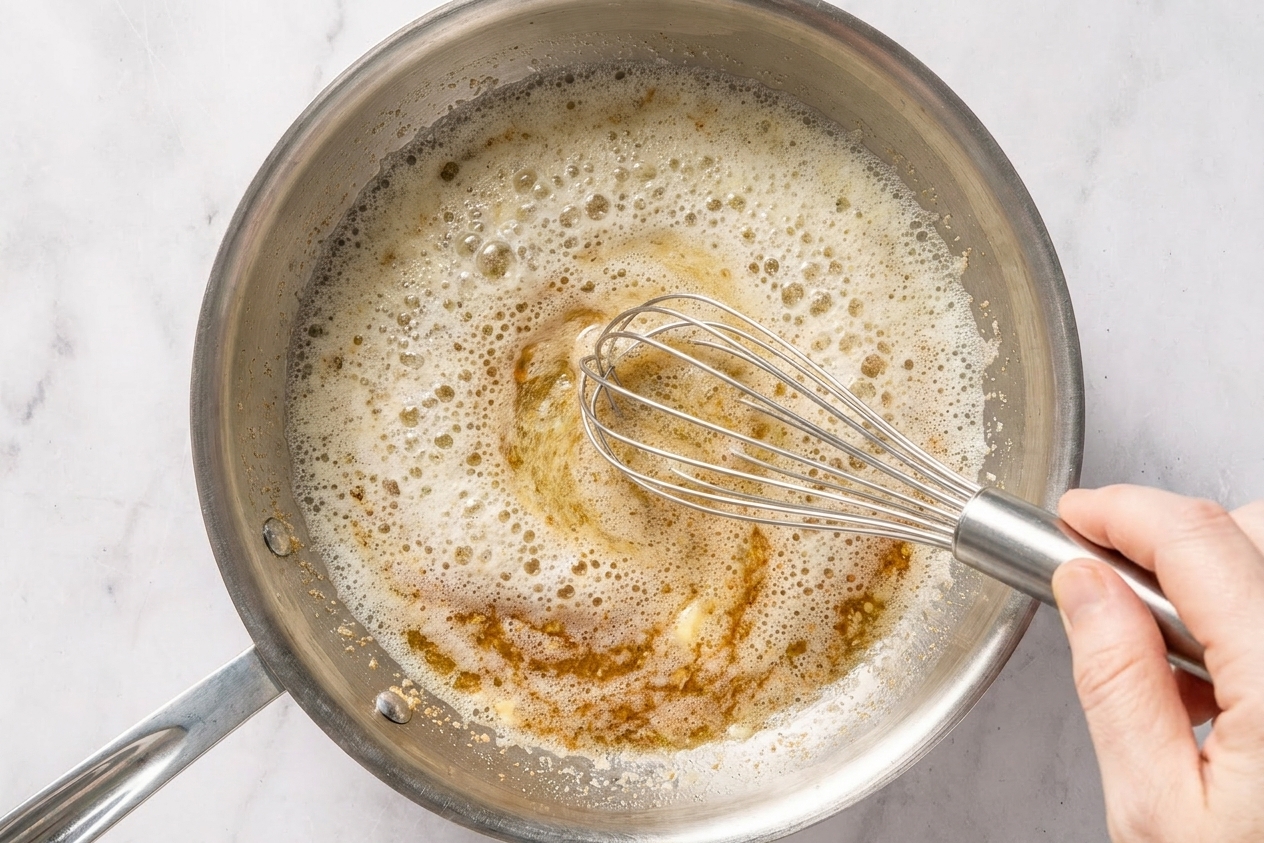 Foamy butter being whisked in a light colored saucepan as golden brown flecks form at the bottom